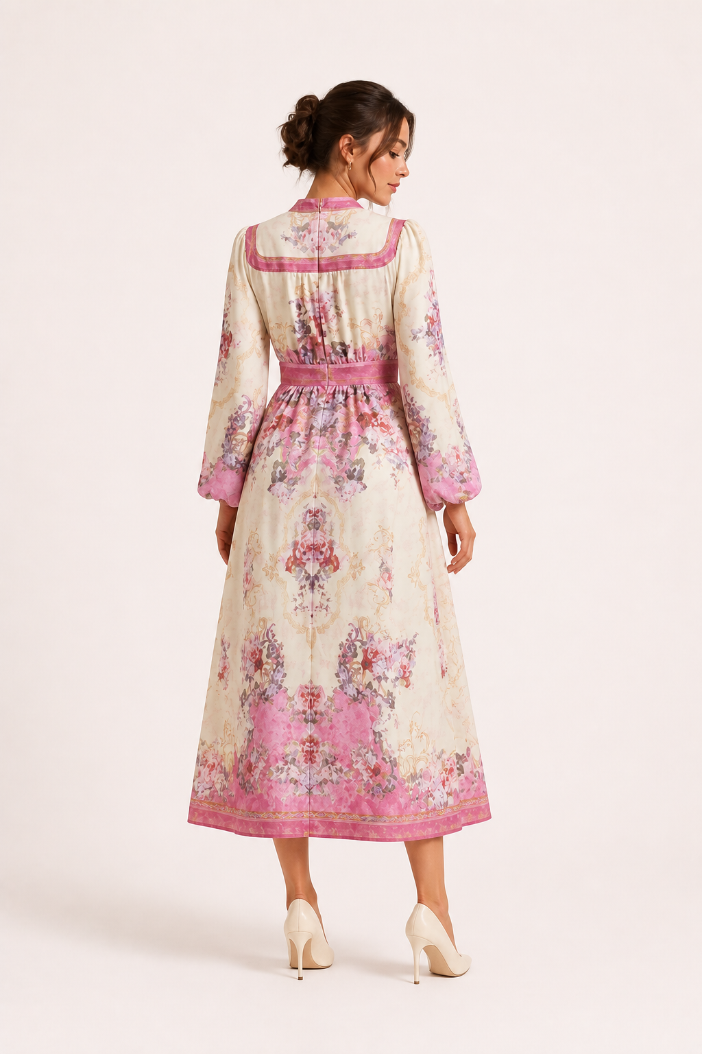 Damen Midikleid mit langen Ärmeln und geblümten Knöpfen - Serena