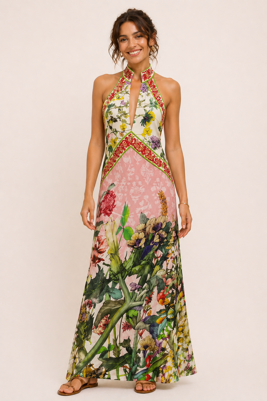 Langes Damen-Trägerkleid mit floralem Schlitz - Valery