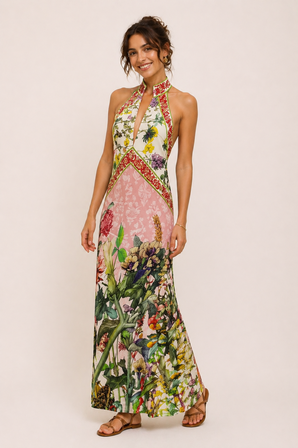 Langes Damen-Trägerkleid mit floralem Schlitz - Valery