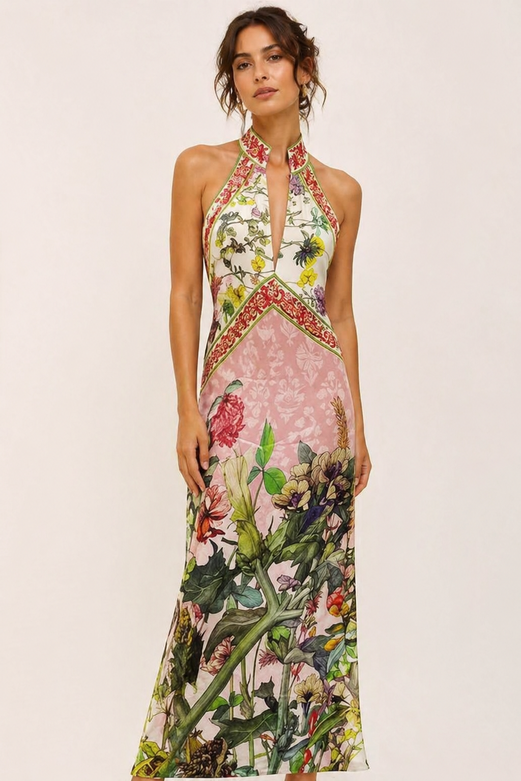 Langes Damen-Trägerkleid mit floralem Schlitz - Valery