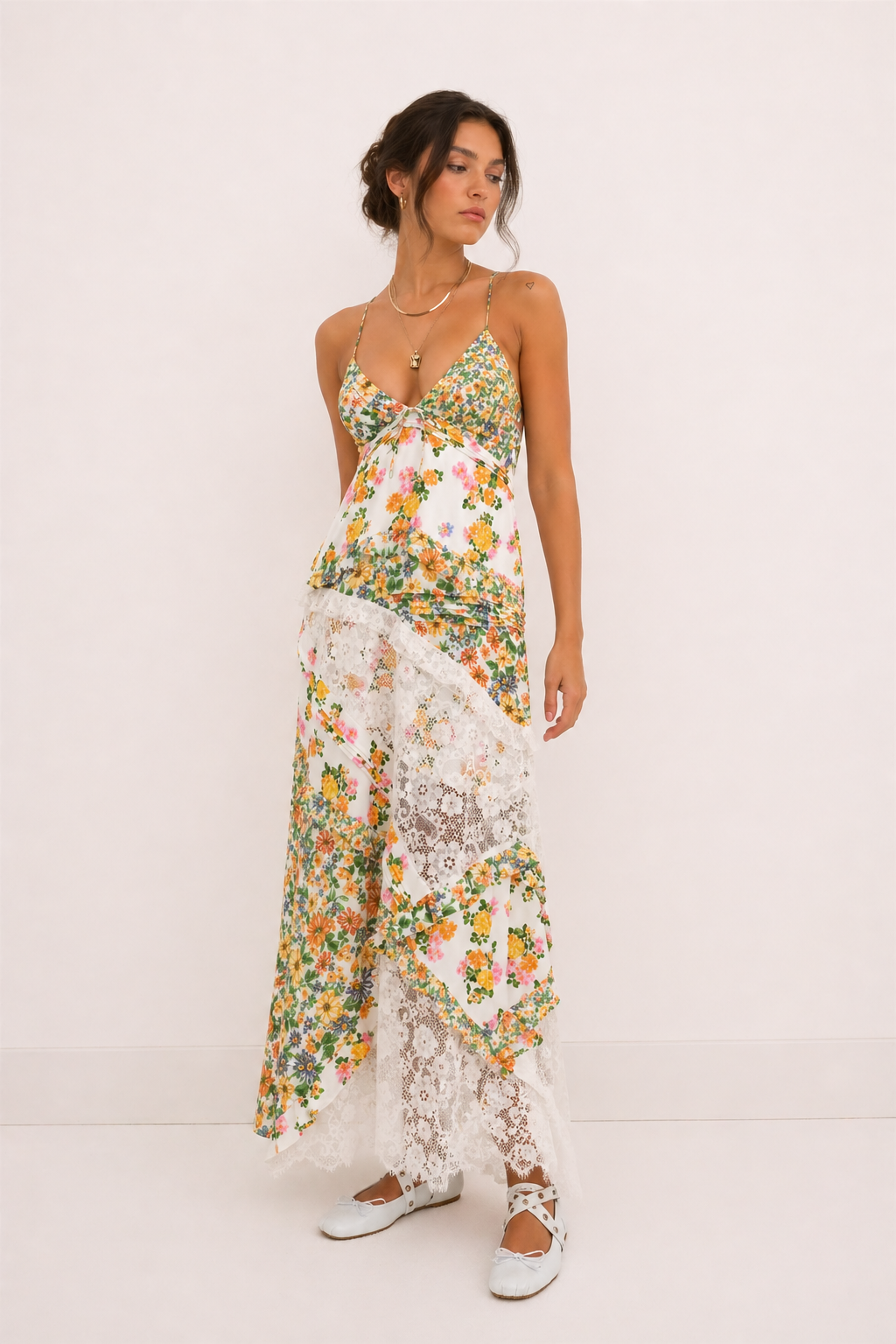 Langes Kleid mit Blumendruck Sommer Spitze - Danira