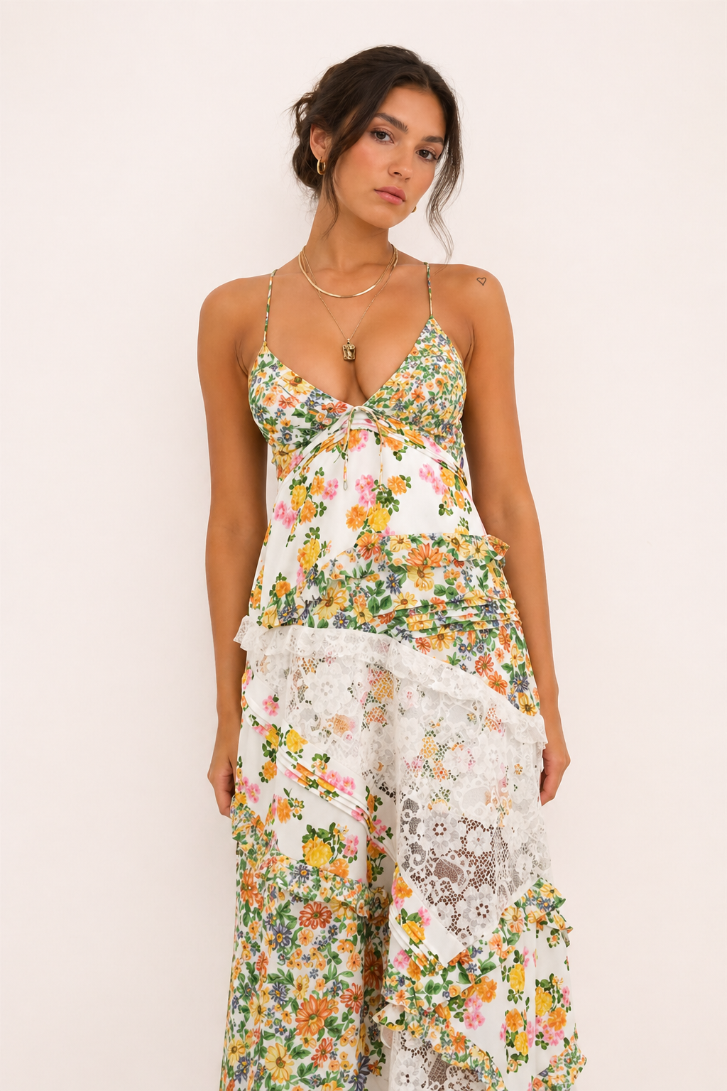 Langes Kleid mit Blumendruck Sommer Spitze - Danira