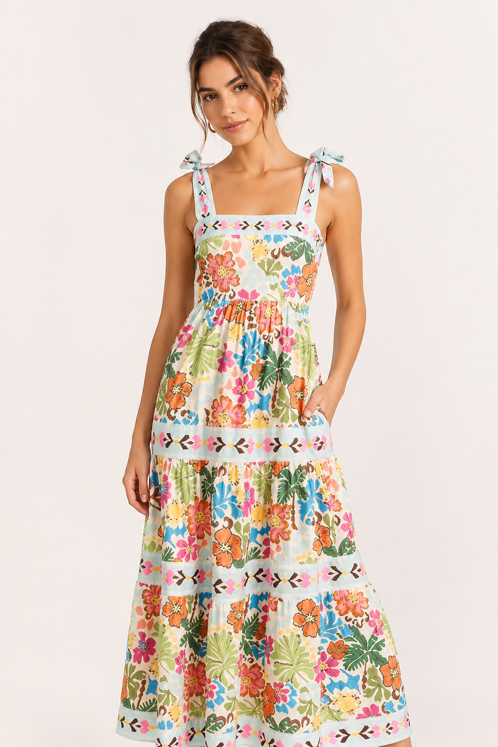 Damen Midikleid mit Blumendruck Trägern Sommer - Estela