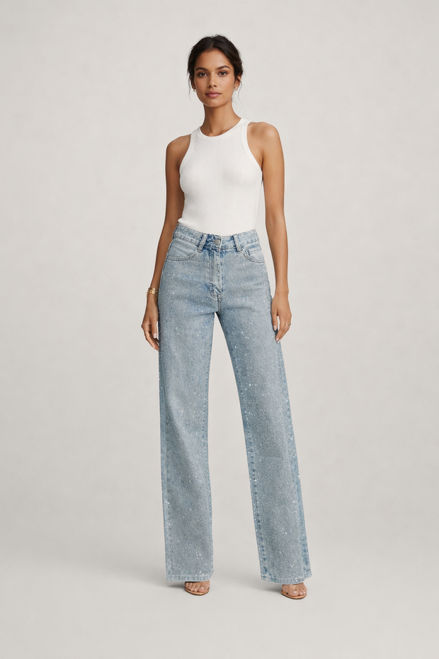 Pantalon taille haute en denim avec strass pour femme - Amelie