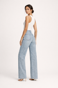 Pantalon taille haute en denim avec strass pour femme - Amelie