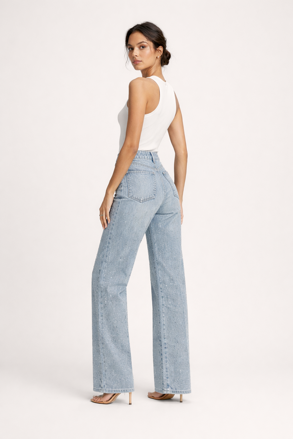 Damen-Jeanshose mit hoher Taille und Strasssteinen - Amelie