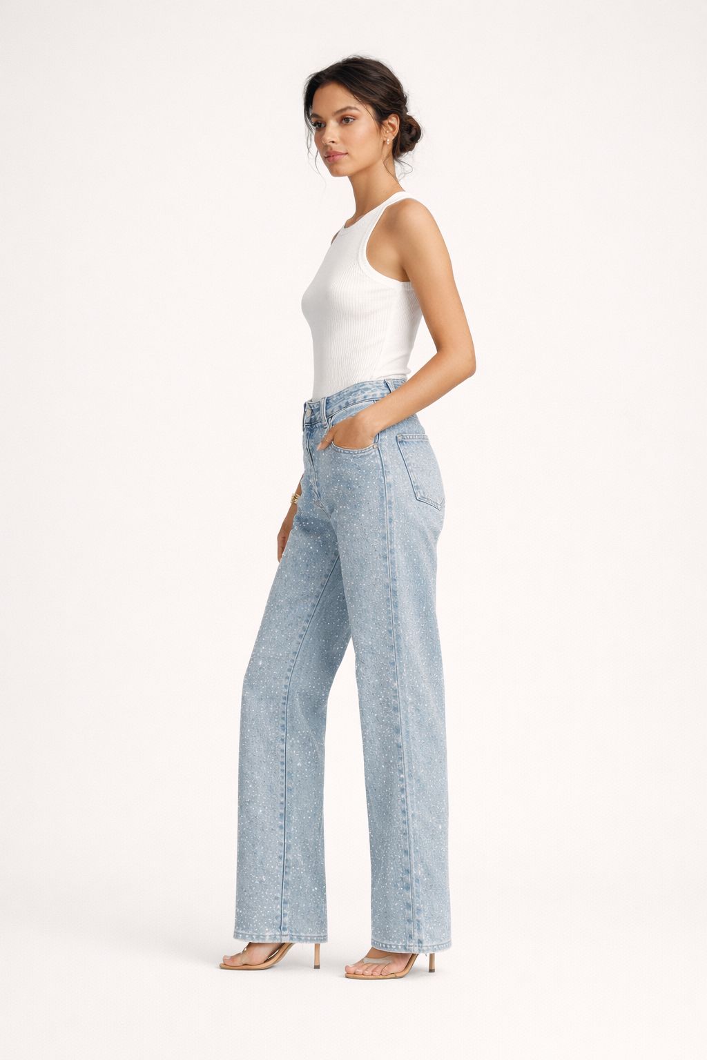 Damen-Jeanshose mit hoher Taille und Strasssteinen - Amelie