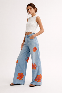 Pantalon denim imprimé floral pour femmes - Colette