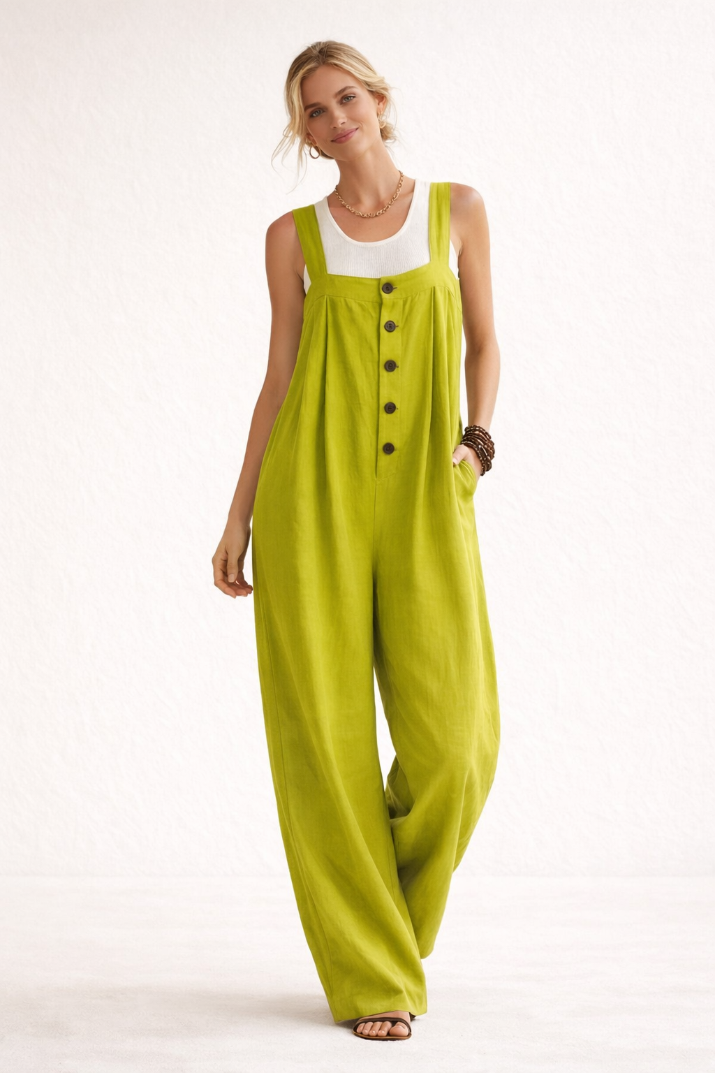 Langer Jumpsuit mit breiten Trägern und Knöpfen vorne für Frauen - Corinna