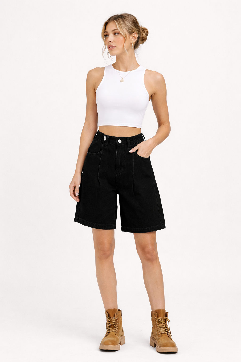 Damen Denim Bermuda Shorts mit verstellbaren Knöpfen - Erika