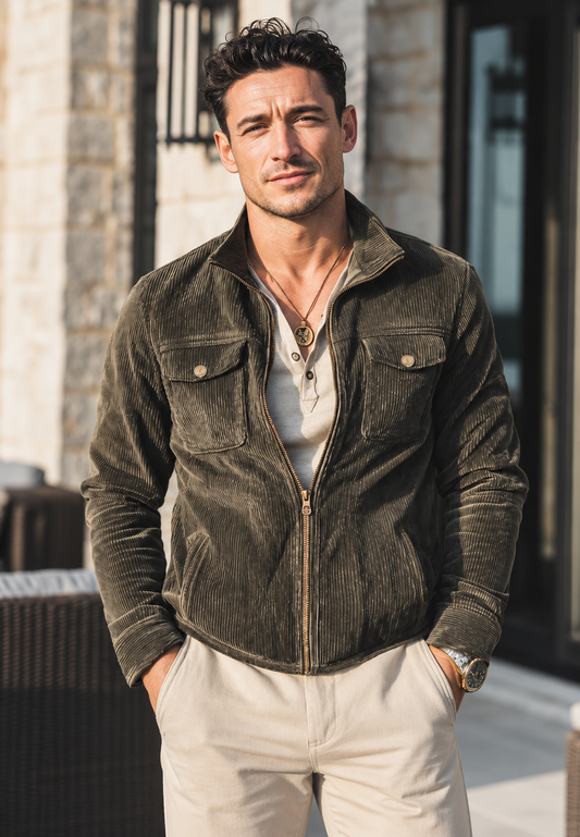 Herren-Cordjacke mit hohem Kragen, Reißverschluss und Taschen – Florian