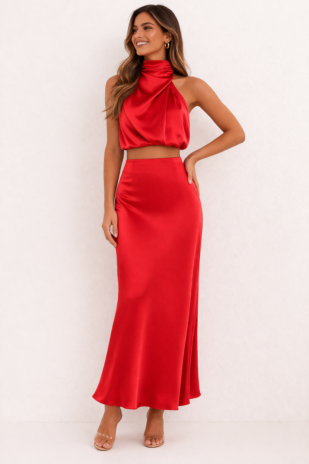 Set langer Rock und elegantes drapiertes Neckholder-Top für Frauen - Marlene