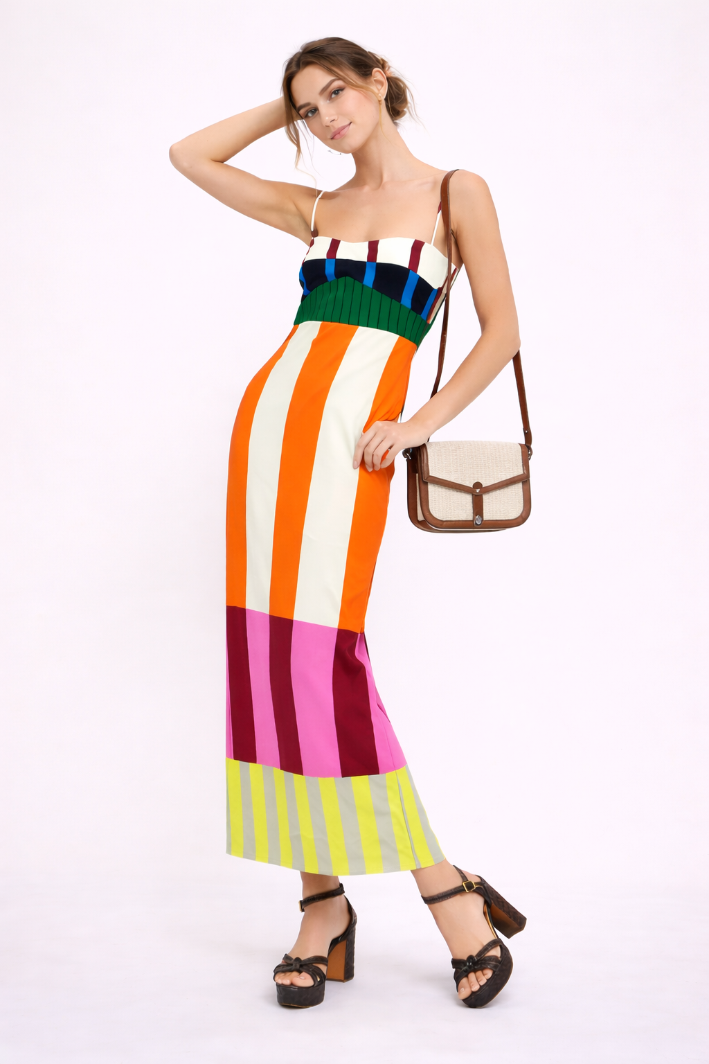 Damen Maxikleid mit dünnen Trägern und mehrfarbigem Druck - Keily