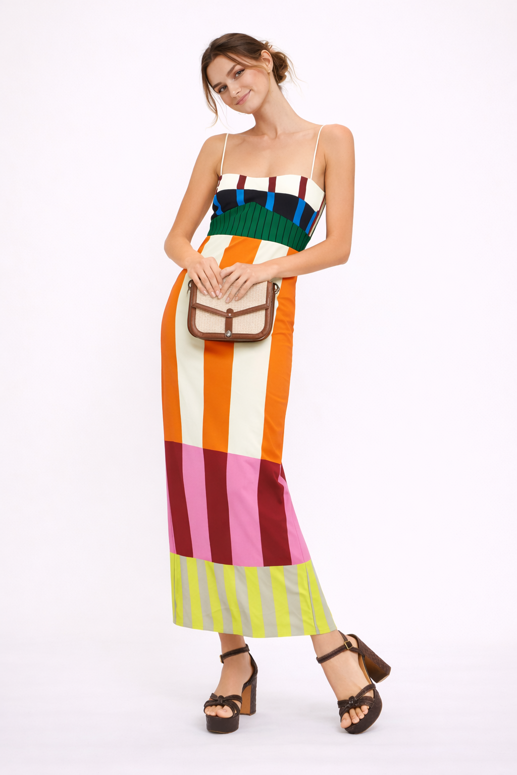 Damen Maxikleid mit dünnen Trägern und mehrfarbigem Druck - Keily