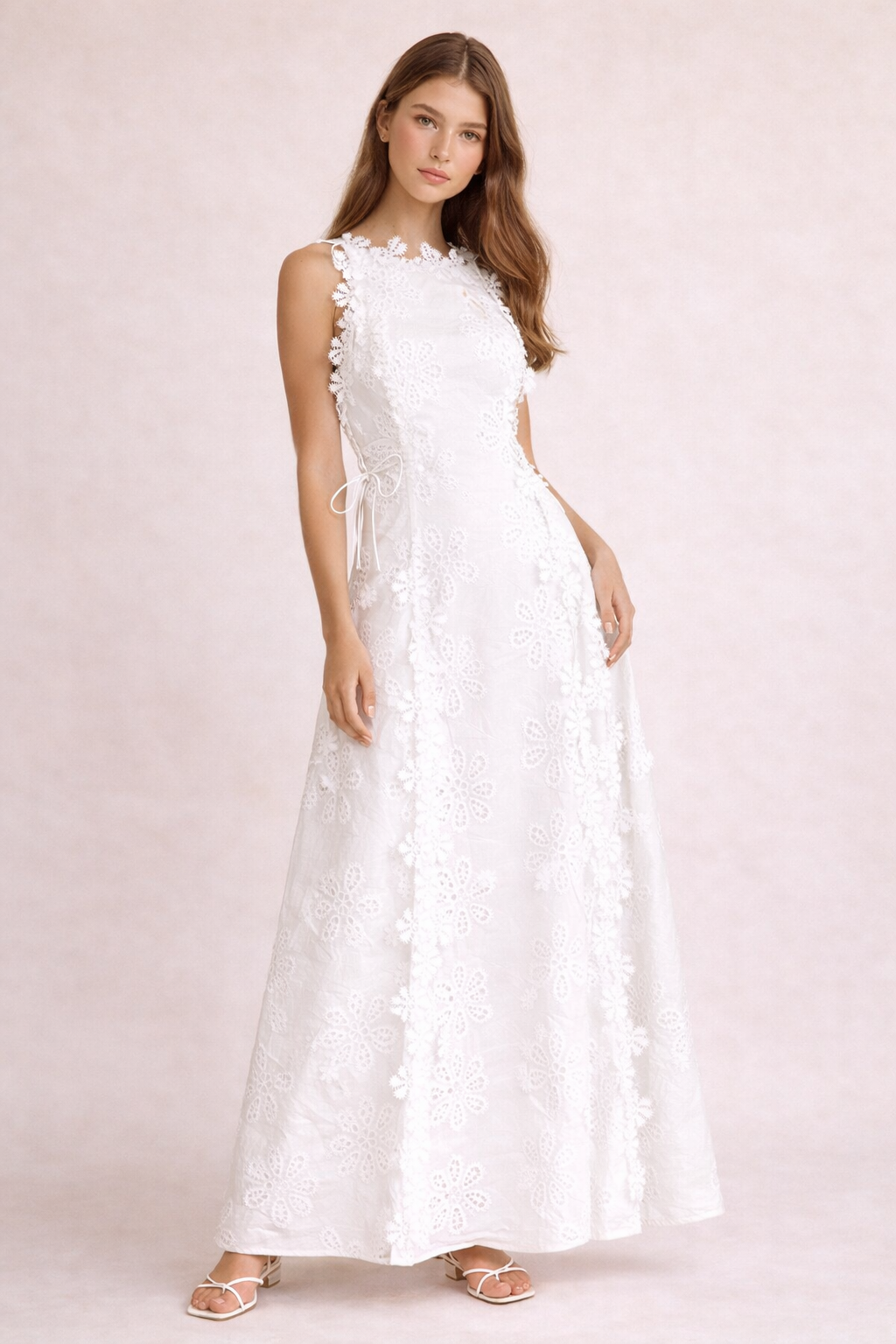 Langes Kleid mit floraler Struktur und Schleifen - Marina