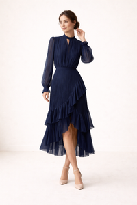 Robe midi plissée pour femme, manches longues, coupe féminine - Anika