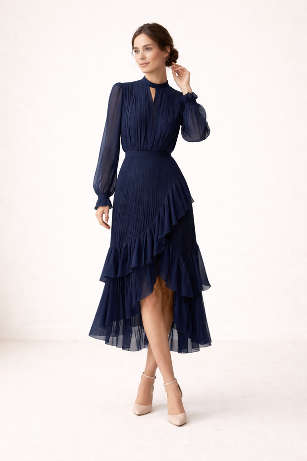 Robe midi plissée pour femme, manches longues, coupe féminine - Anika