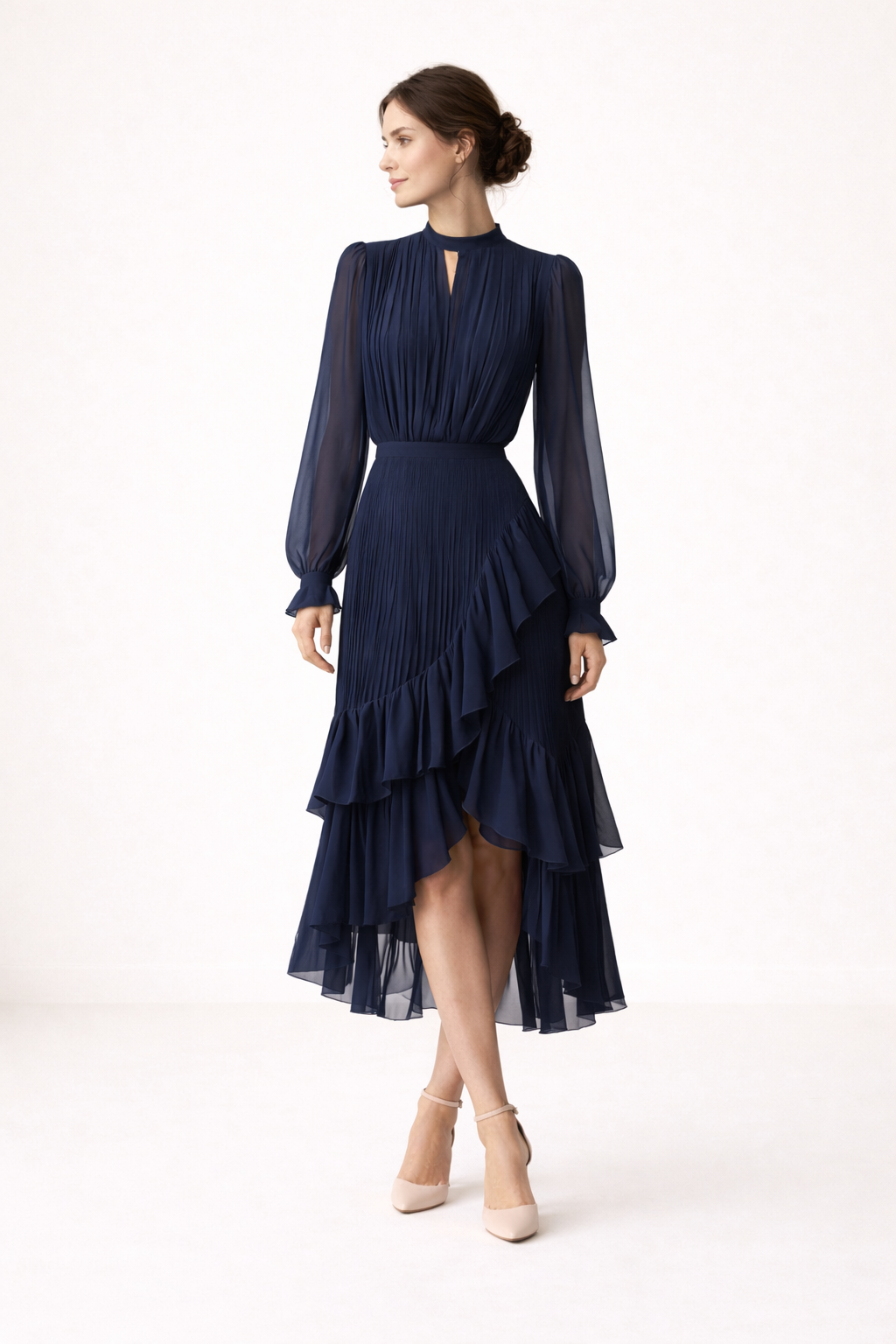 Midikleid mit Plissee, lange Ärmel, femininer Schnitt - Anika