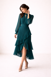 Robe midi plissée pour femme, manches longues, coupe féminine - Anika