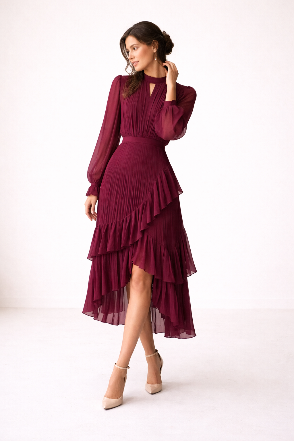 Midikleid mit Plissee, lange Ärmel, femininer Schnitt - Anika