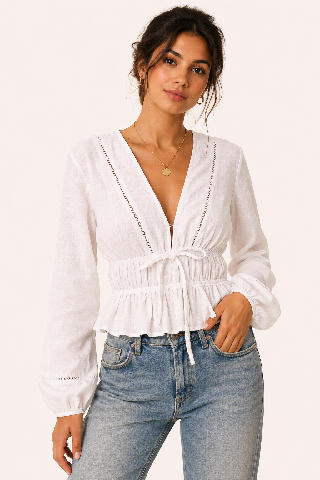 Damenbluse mit V-Ausschnitt und Schleife - Vera