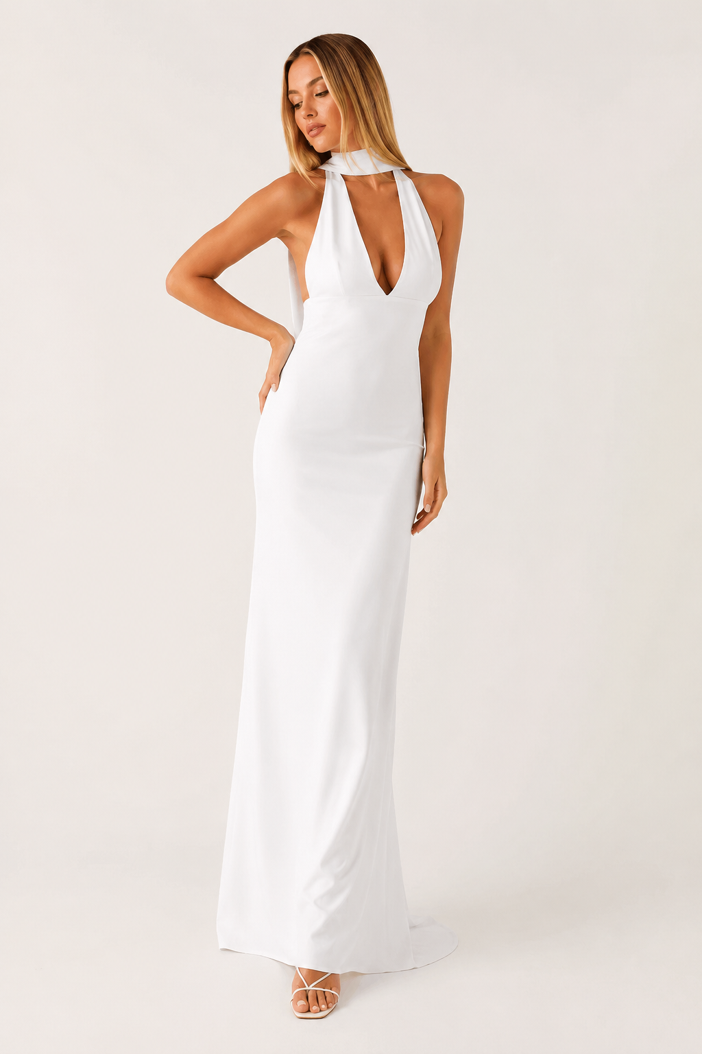 Damen langes Kleid Neckholder Ausschnitt tiefes Dekolleté elegant - Alessa