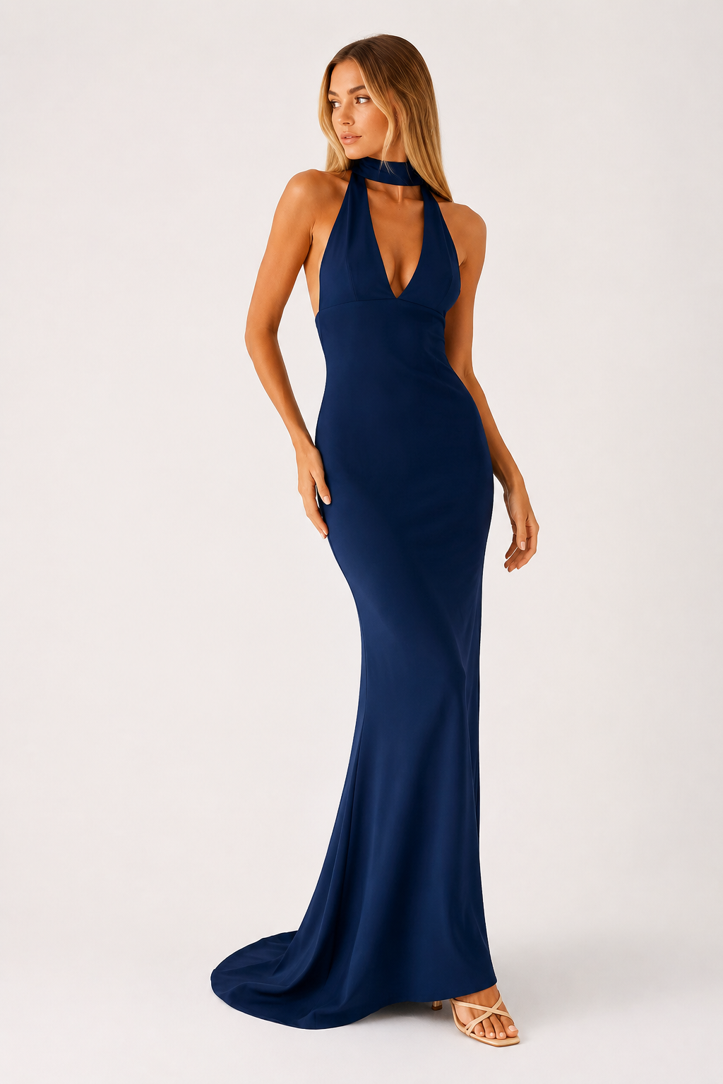 Damen langes Kleid Neckholder Ausschnitt tiefes Dekolleté elegant - Alessa