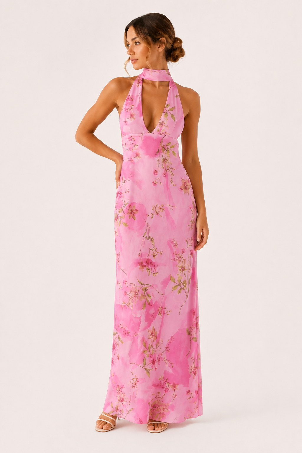 Damen langes Kleid Neckholder Ausschnitt tiefes Dekolleté elegant - Alessa