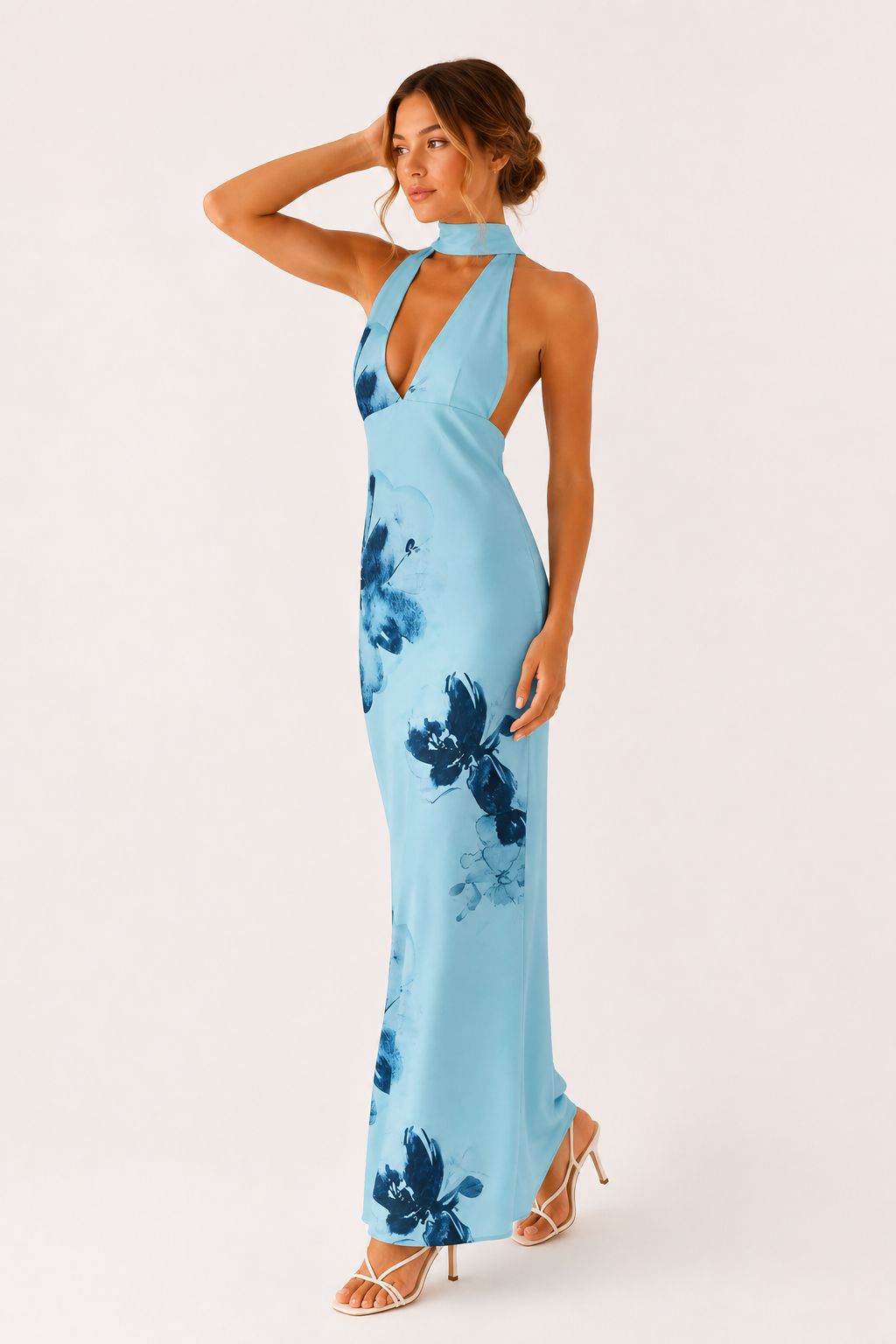 Damen langes Kleid Neckholder Ausschnitt tiefes Dekolleté elegant - Alessa