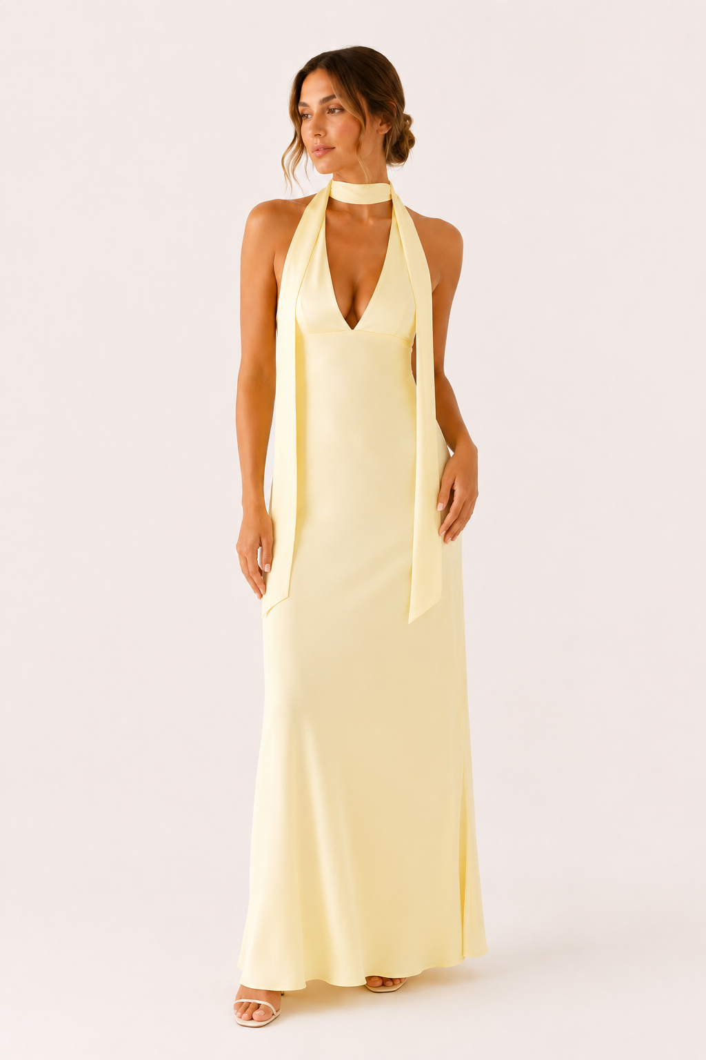 Damen langes Kleid Neckholder Ausschnitt tiefes Dekolleté elegant - Alessa