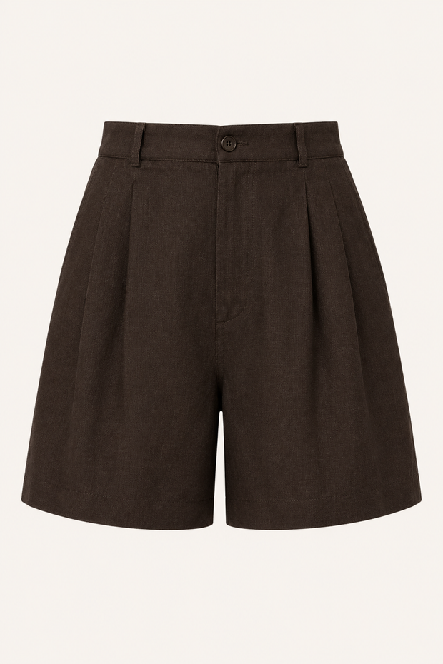 Short femme en lin et coton à taille haute avec pinces - Holly