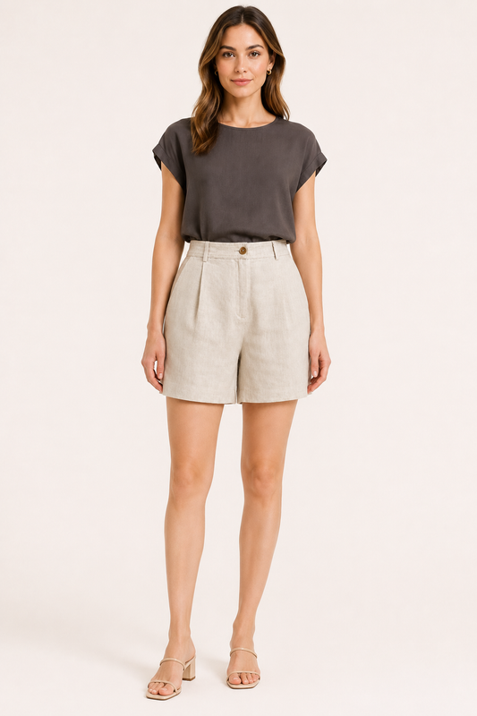 Short femme en lin et coton à taille haute avec pinces - Holly