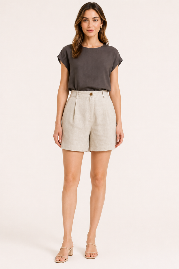 Short femme en lin et coton à taille haute avec pinces - Holly