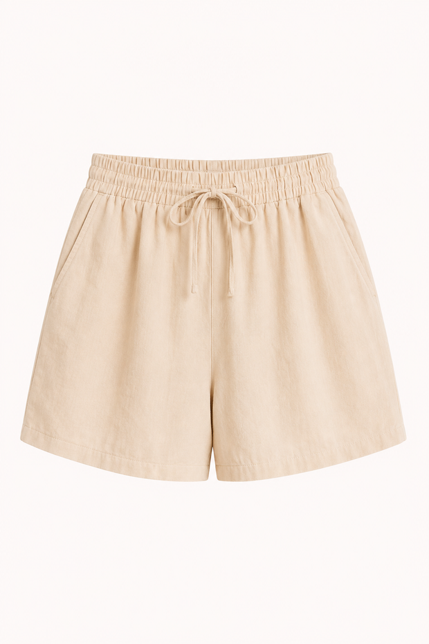 Short femme en lin et coton à taille élastiquée avec cordon - Anja