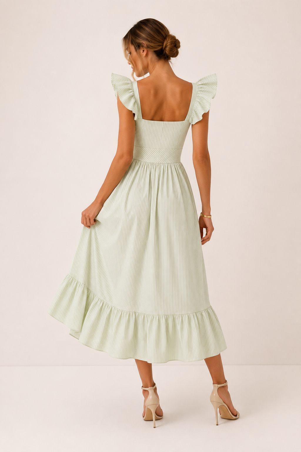 Leichtes gestreiftes Midikleid für Damen mit Rüschen - Elina