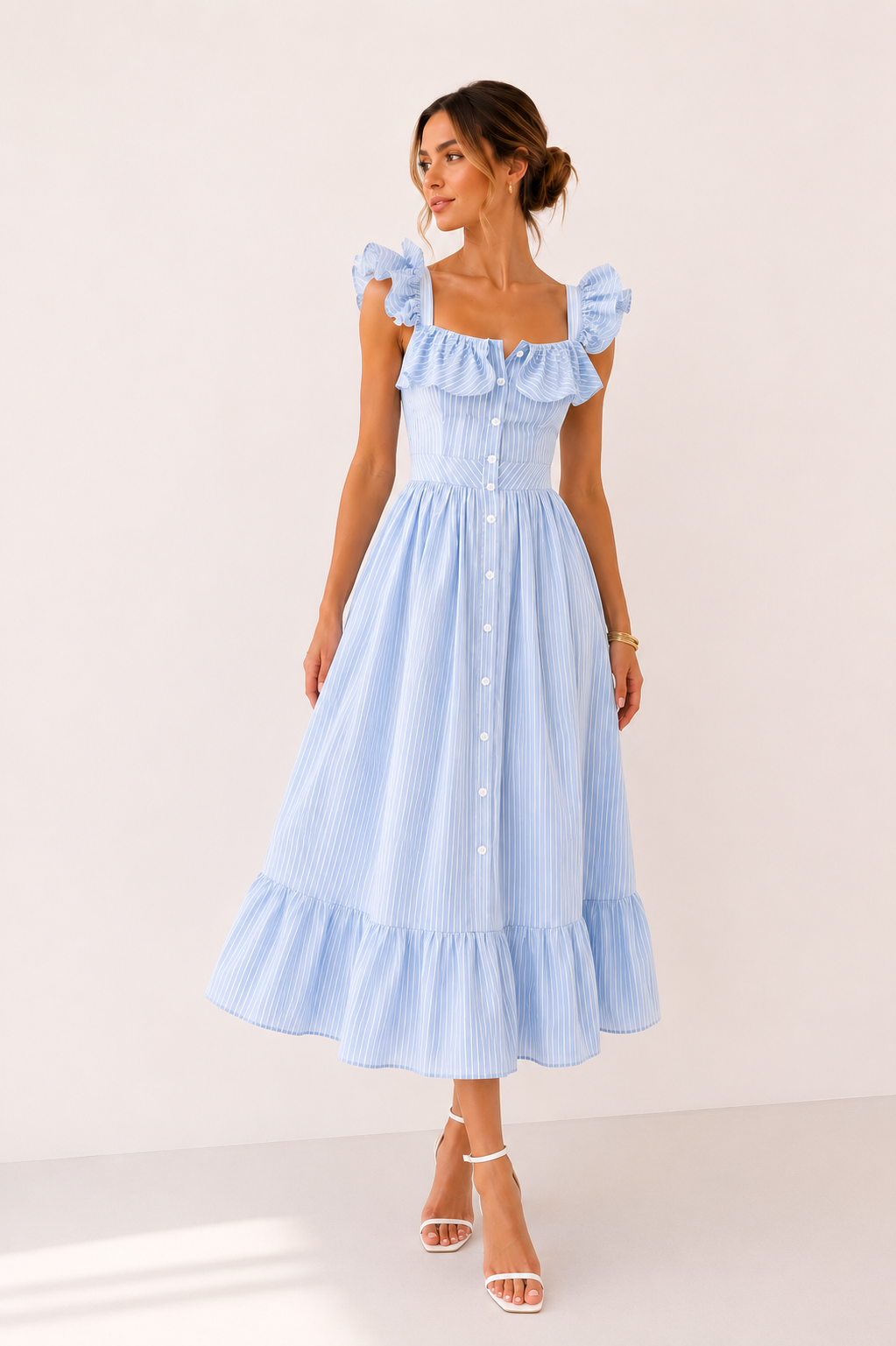 Leichtes gestreiftes Midikleid für Damen mit Rüschen - Elina