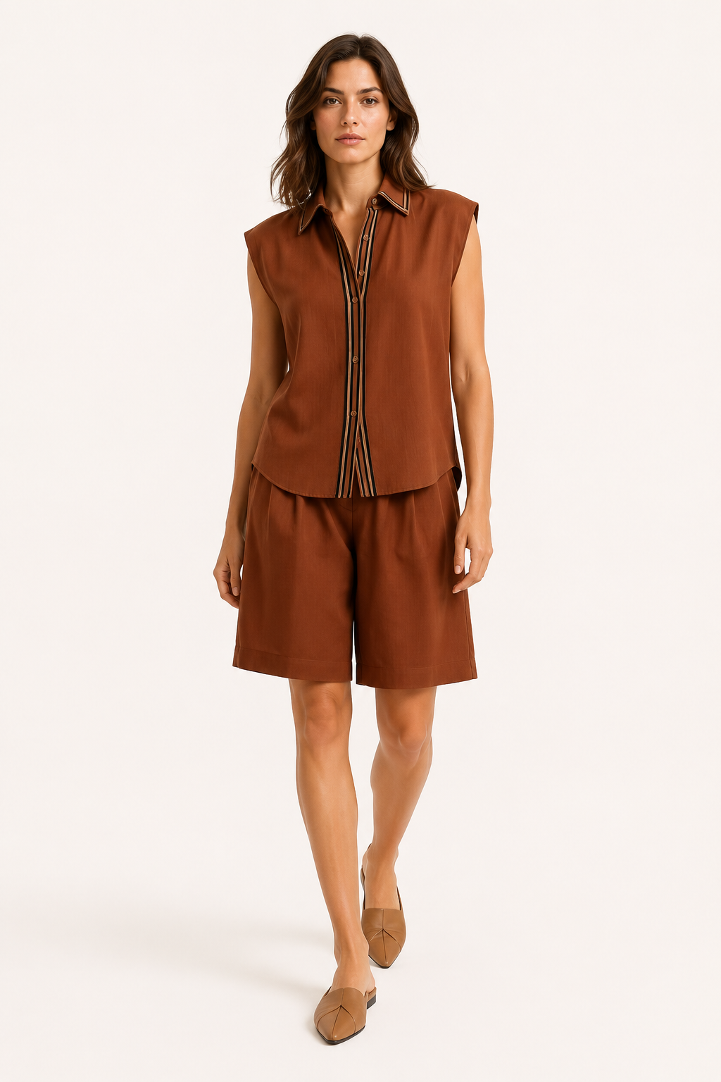 Zweiteiliges Sommer-Set für Damen mit ärmelloser Bluse und langen Shorts – Serena