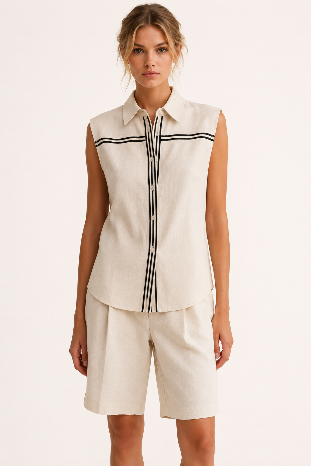 Zweiteiliges Sommer-Set für Damen mit ärmelloser Bluse und langen Shorts – Serena