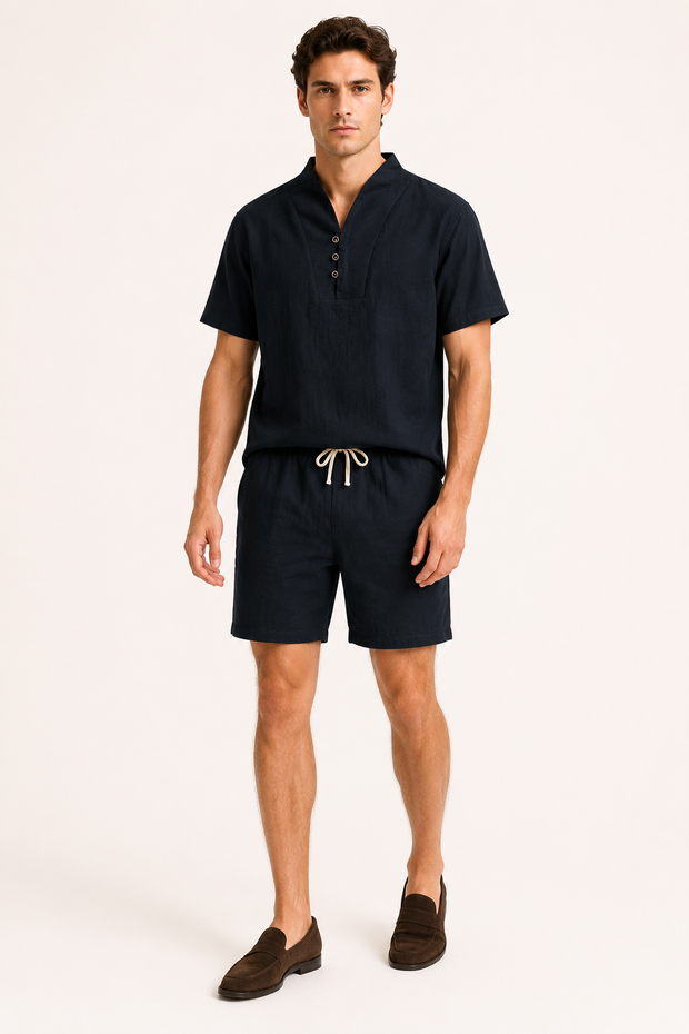 Ensemble homme en lin et coton avec col mao et short - Armin