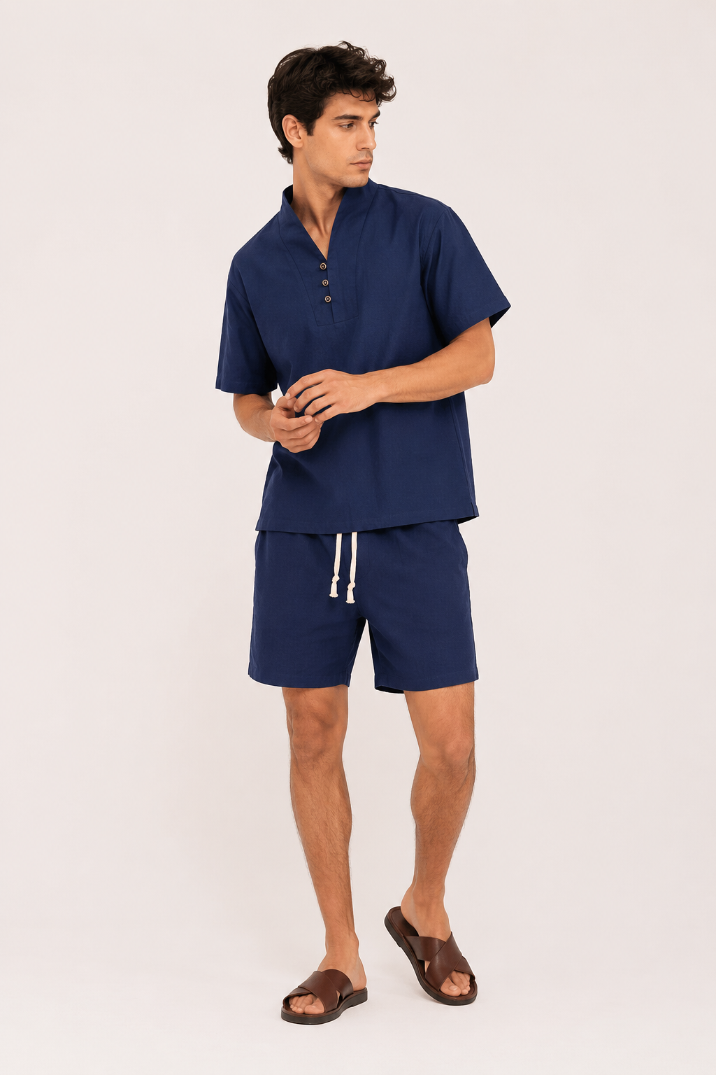 Herren-Set aus Leinen und Baumwolle mit Stehkragen und Shorts – Armin