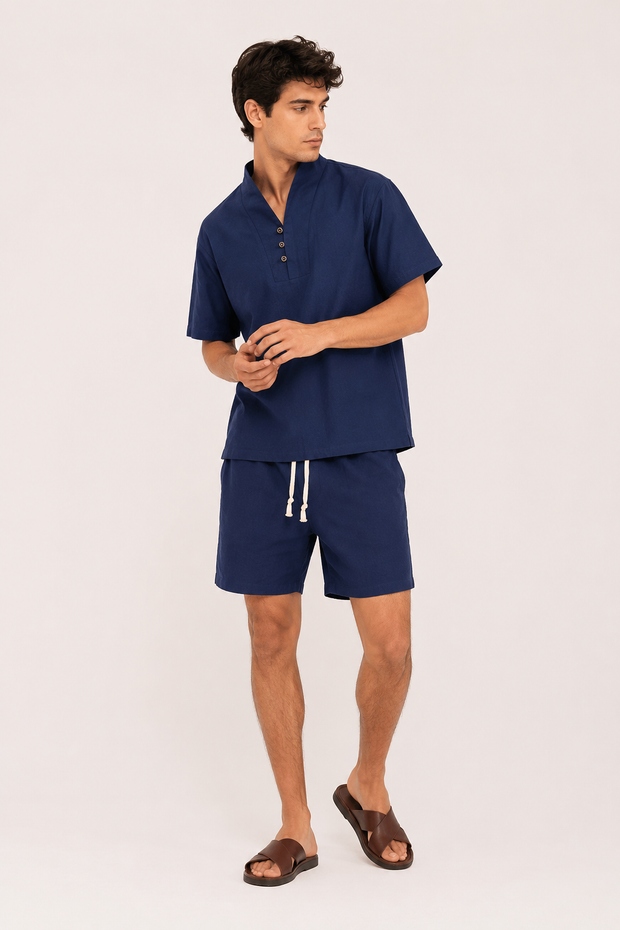 Ensemble homme en lin et coton avec col mao et short - Armin