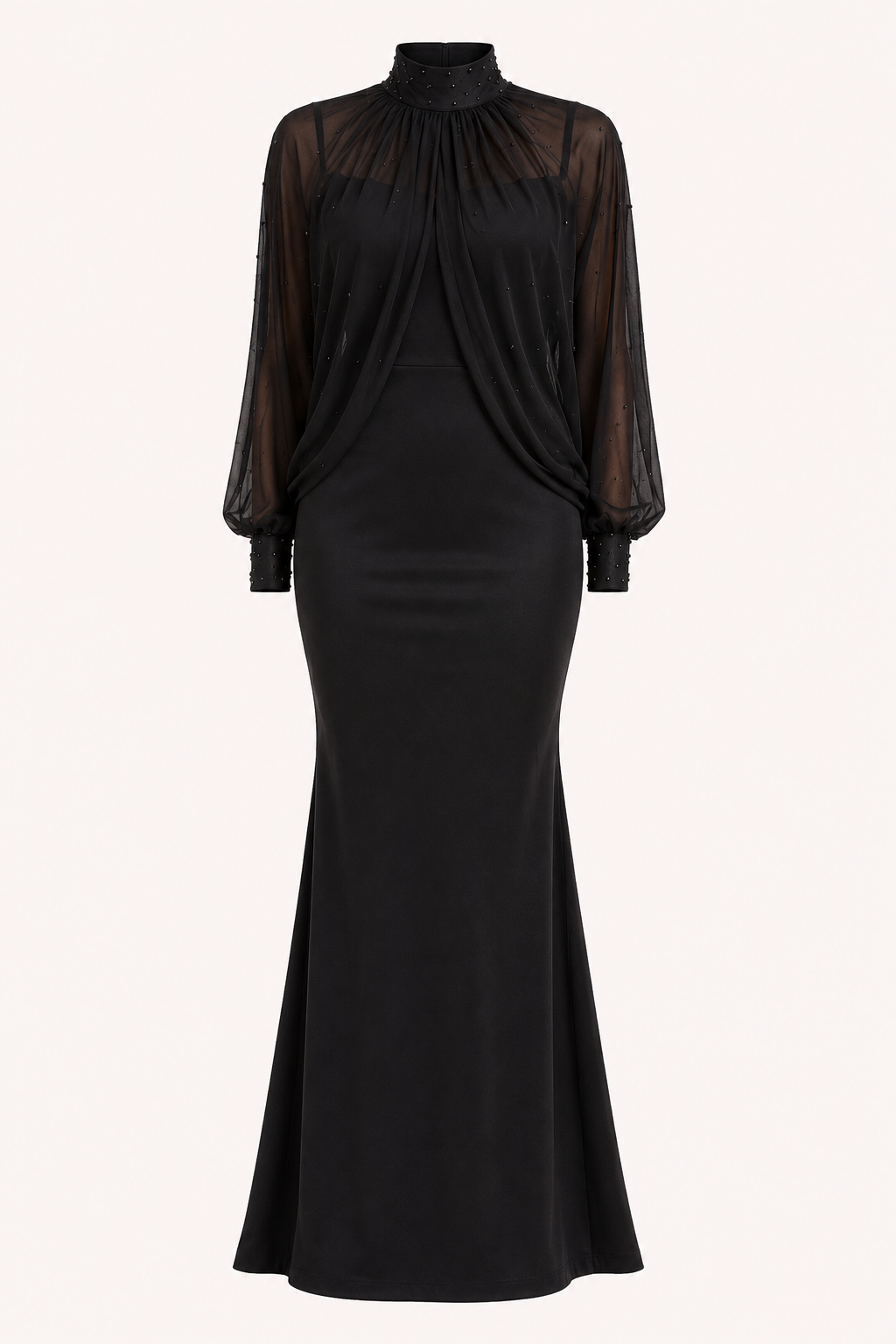 Elegantes zweiteiliges langes Damenkleid mit transparenten Ärmeln – Hellblau