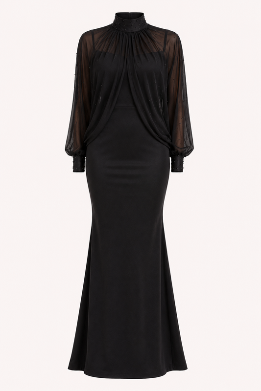 Robe longue deux pièces élégante à manches transparentes pour femme - Bleu ciel