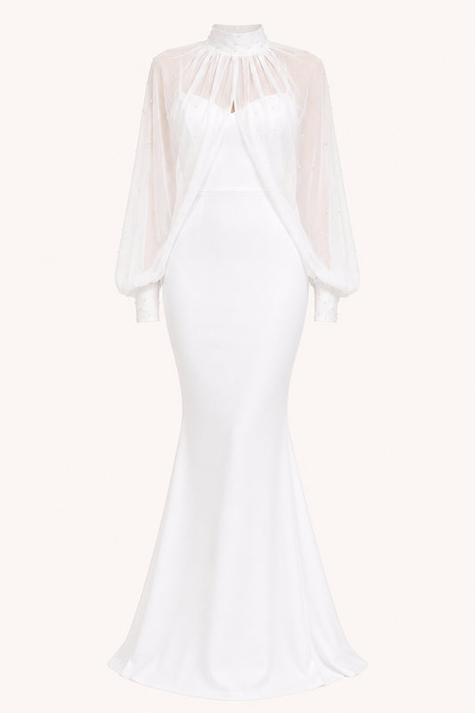 Robe longue deux pièces élégante à manches transparentes pour femme - Bleu ciel