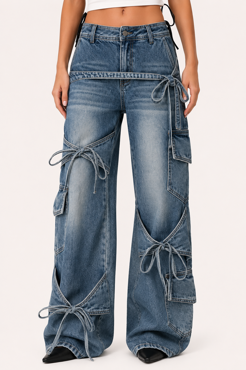 Cargo-Jeans für Damen mit weitem Bein und Bändern – Ida