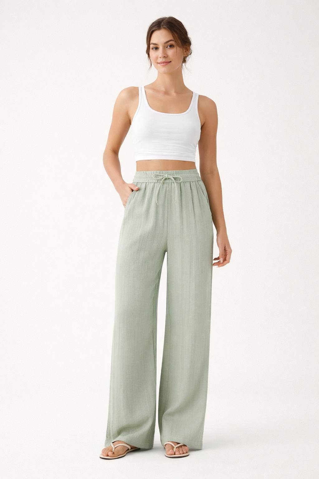 Weite Leinenhose für Damen mit Gummizug in der Taille und verstellbarem Kordelzug - Brisa