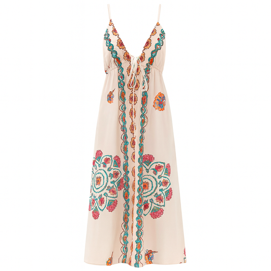 Robe longue dos nu broderie florale - Elara