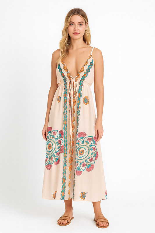 Robe longue dos nu broderie florale - Elara