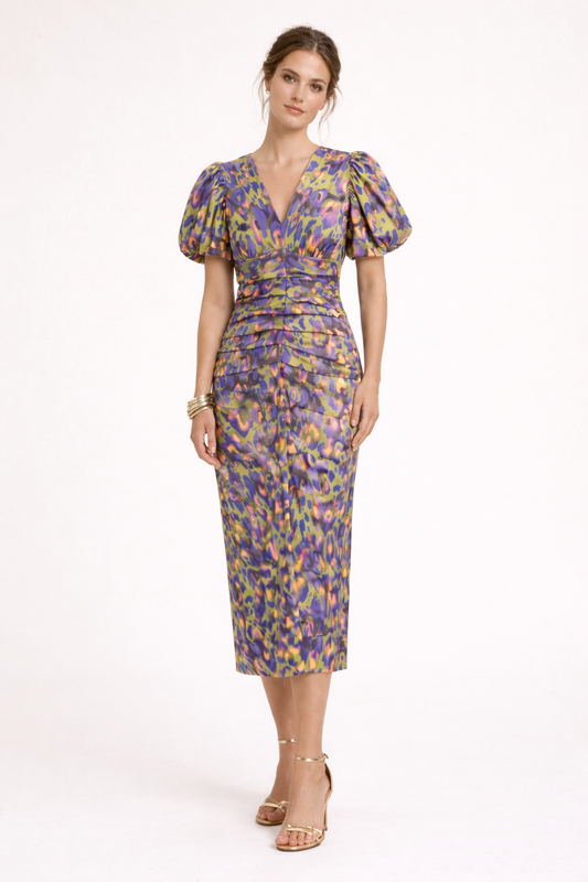 Robe midi imprimée à manches bouffantes et décolleté en V - Sarah