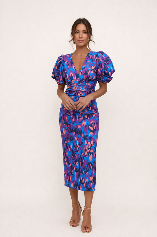 Robe midi imprimée à manches bouffantes et décolleté en V - Sarah